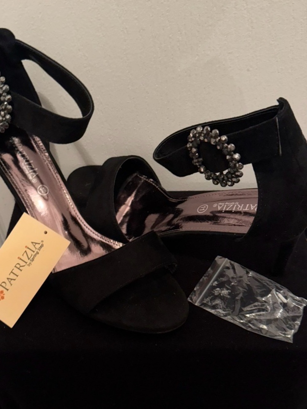 Patrizia Black Suede Ankle-Strap Heels with Crystal Buckle